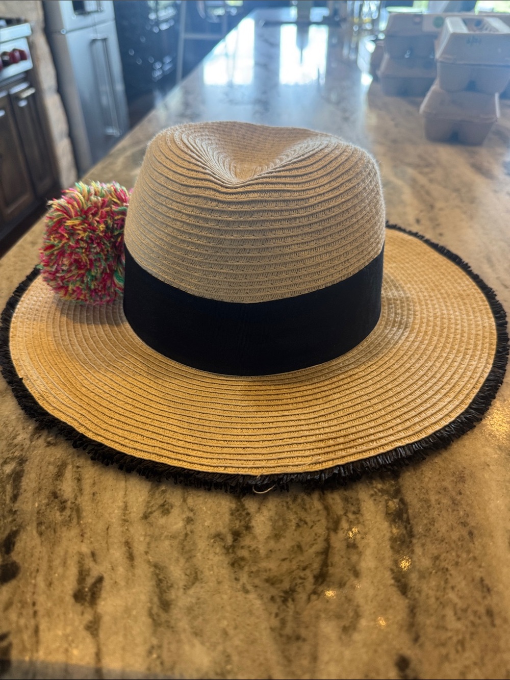Straw Sun Hat Betsy johnson with Black Band and Colorful Pom Pom